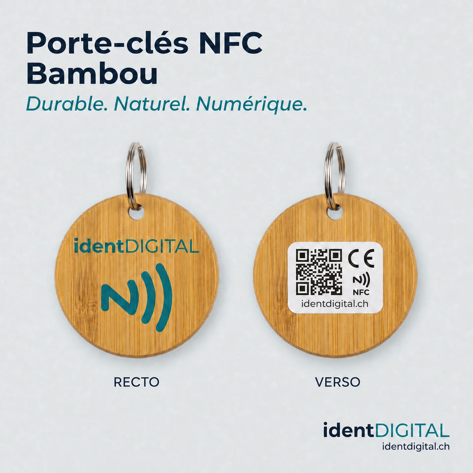 Porte‑clés NFC en bambou — carte de visite numérique avec mini‑site