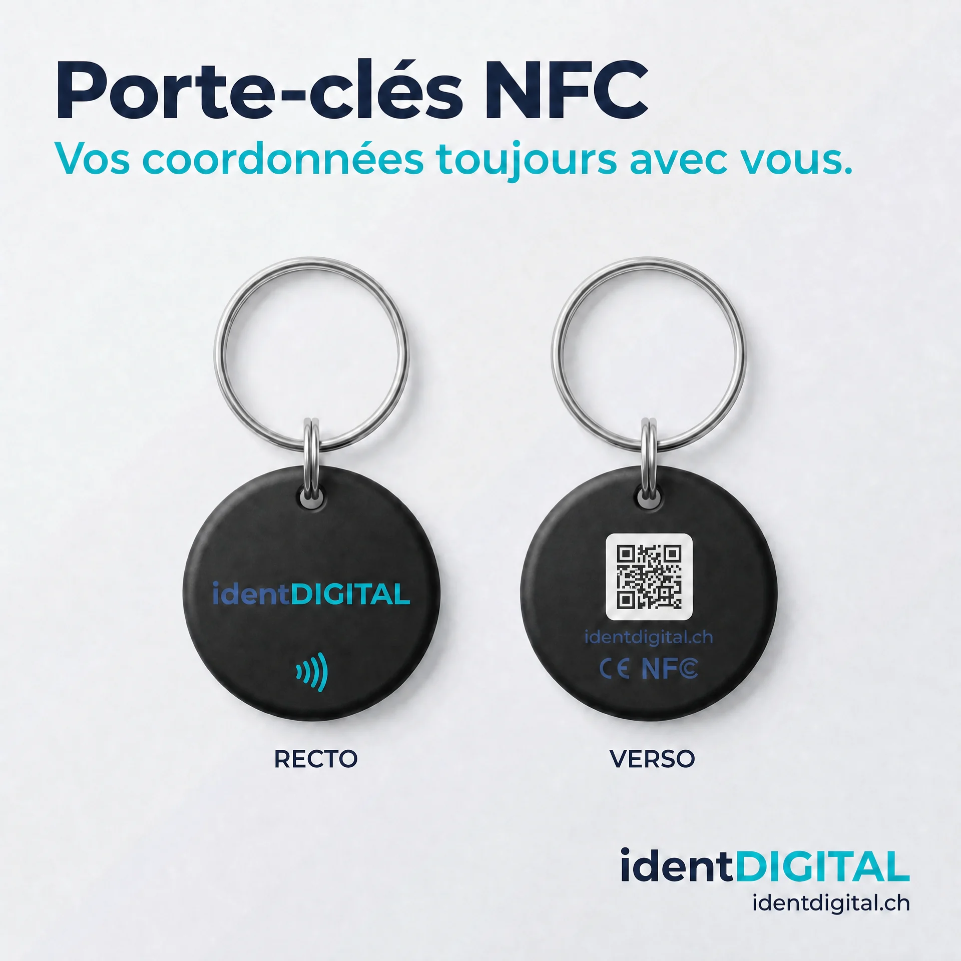 Porte‑clés NFC en PVC — carte de visite numérique avec mini‑site