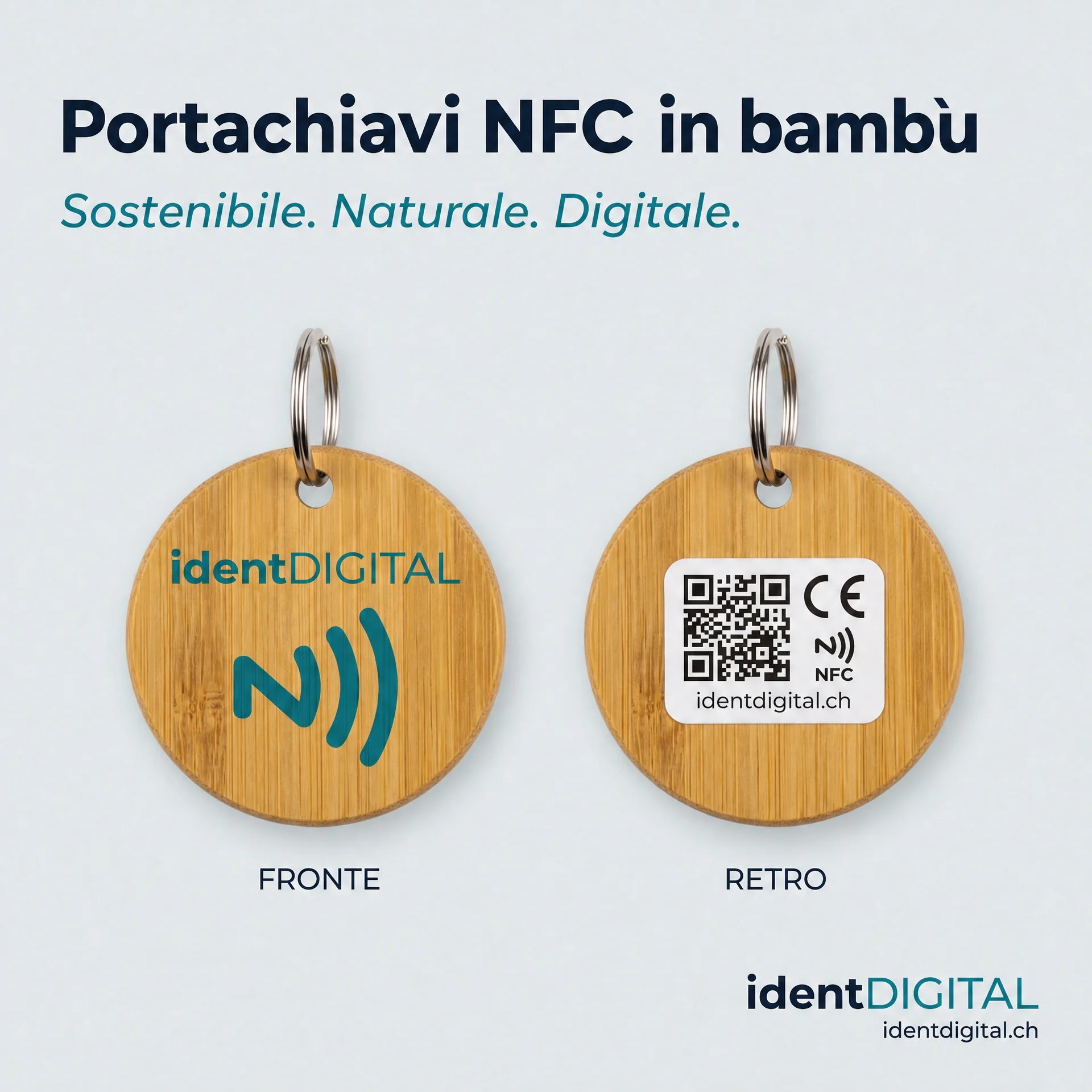 Portachiavi NFC in bambù – biglietto digitale con mini-sito