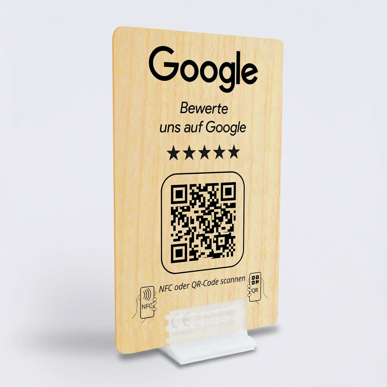 Google Bewertungskarte aus Holz – NFC & QR-Code